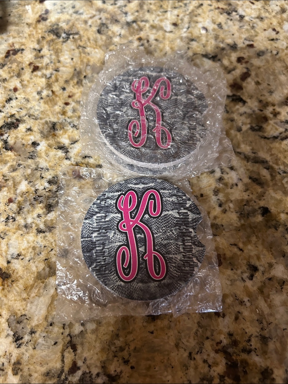 🚙 NWOT Monogram Pink Letter K Car Coaster - Grey (Camo or Snake Print Style)